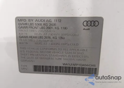 2013 Audi Q5 2.0T Premium z USA, uszkodzony, nr VIN WA1LFAFP1DA044346